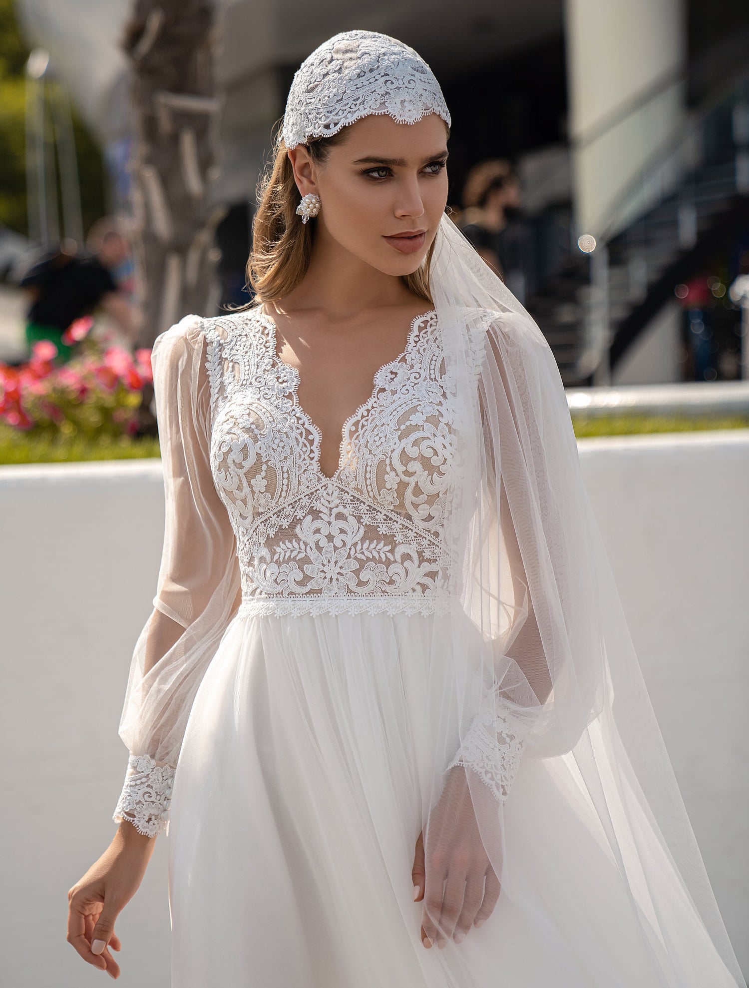 Lace Top Long Sleeve A-Line Wedding Dress with Train  
