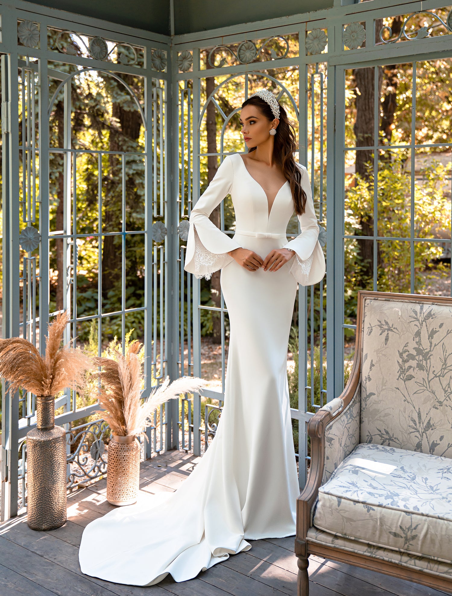 Elegant Minimalist Long Sleeve Godet Wedding Dress With V-Back  