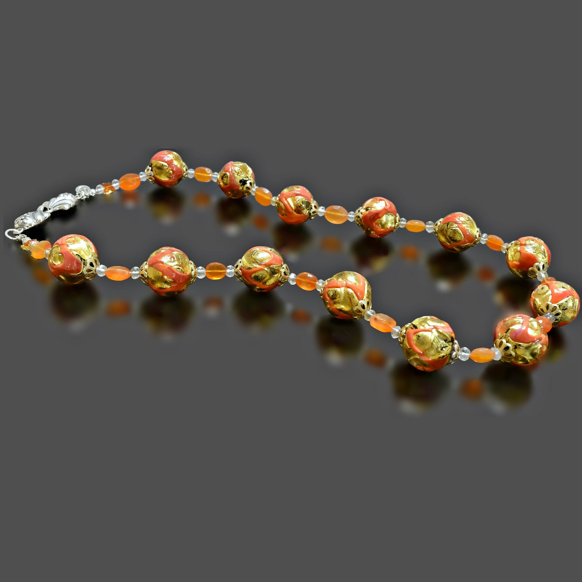 Orange and Gold Murano Glass Necklace with Carnelian and Citrine Sterling Silver 