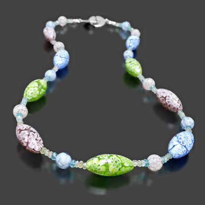 Oval Multi-Color Murano Beaded Necklace with Apatite & Graduating Sapphire  