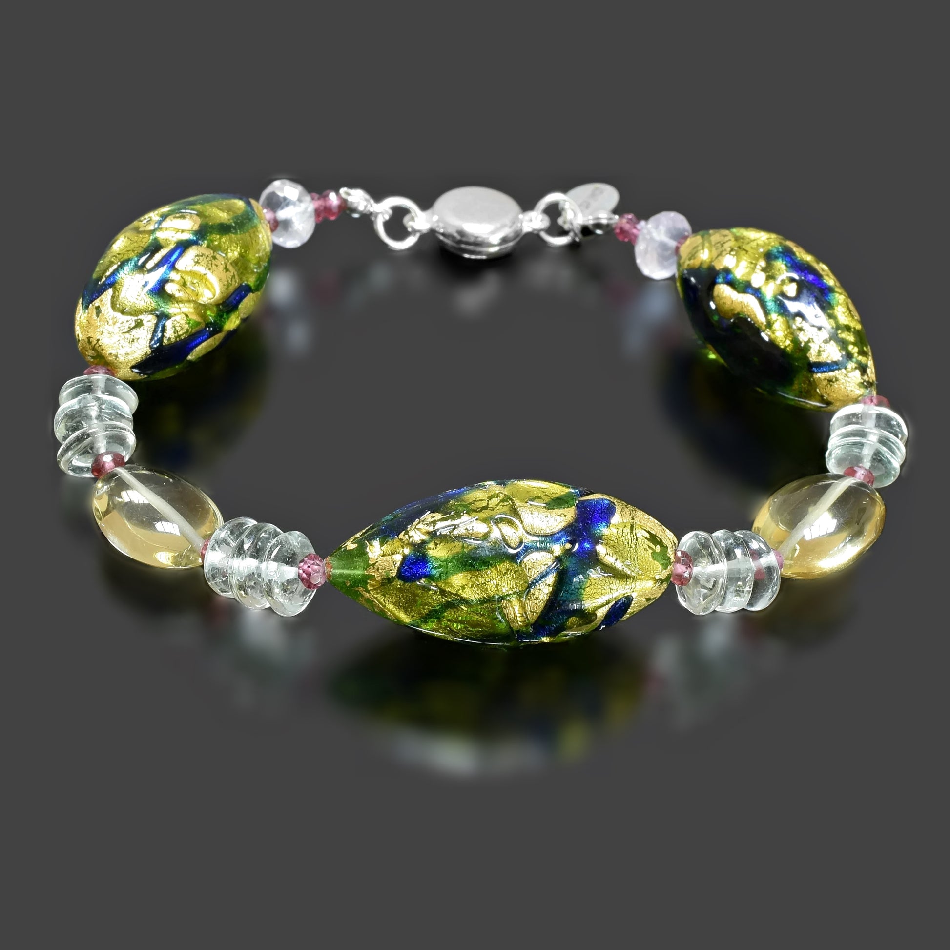 Green Large Murano Bead Statement Bracelet with Green Amethyst &Champagne Quartz Sterling Silver 6"