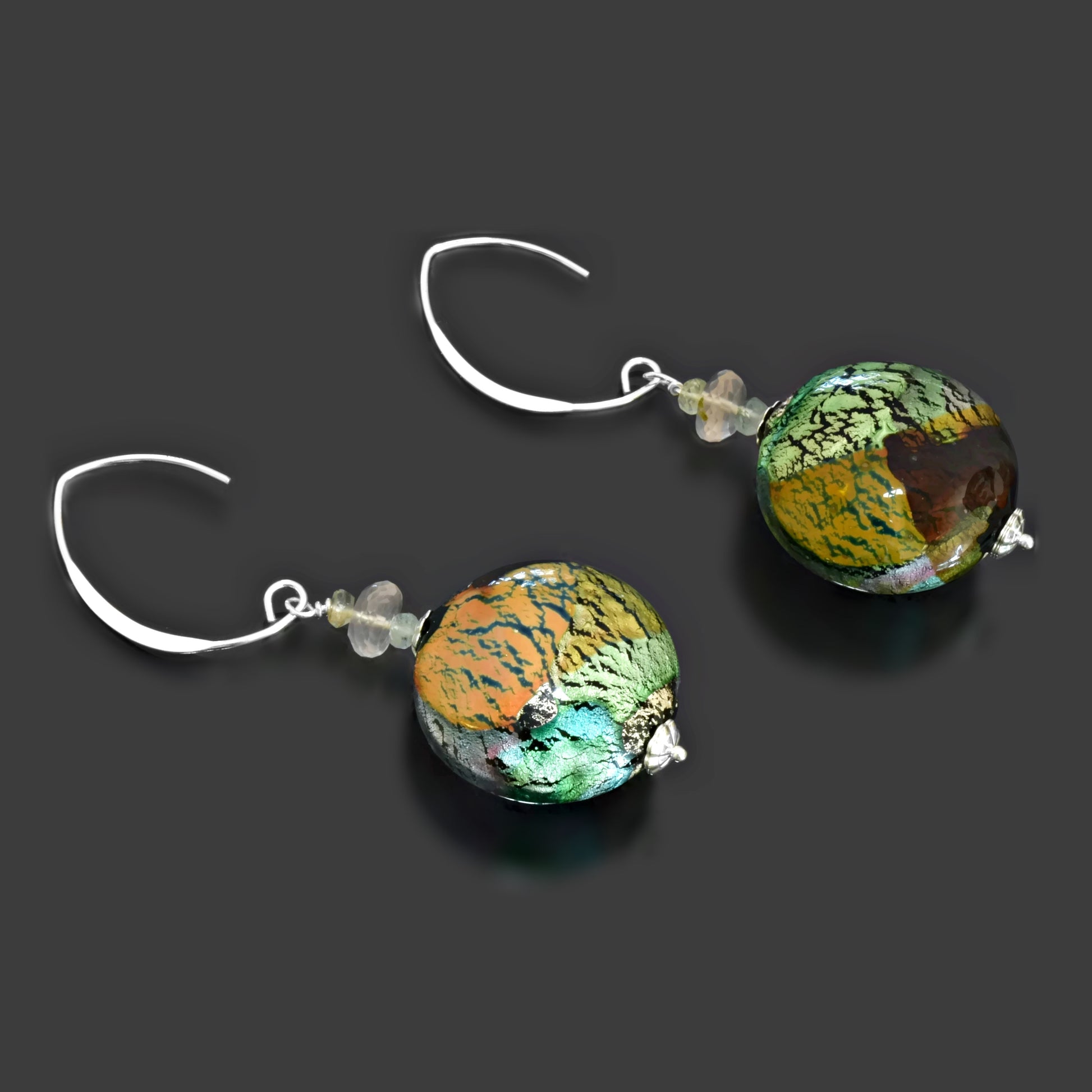 Large Green Coin Murano Glass Statement Earrings with Tourmaline & Rose Quartz  