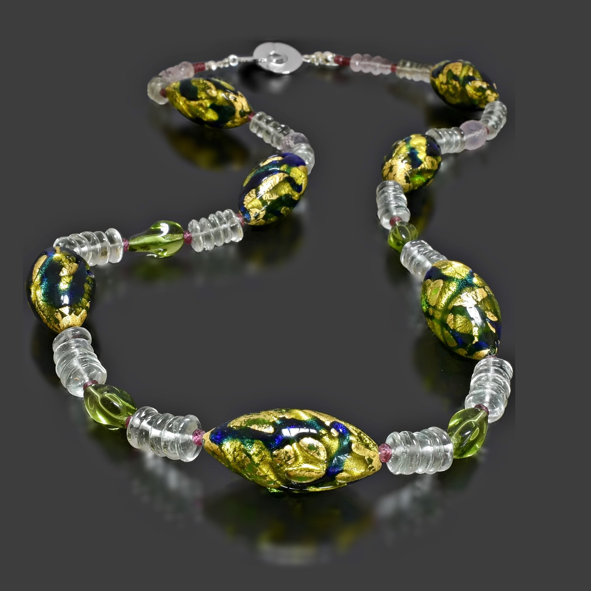 Green Large Murano Bead Statement Necklace with Green Amethyst and Garnet Sterling Silver 