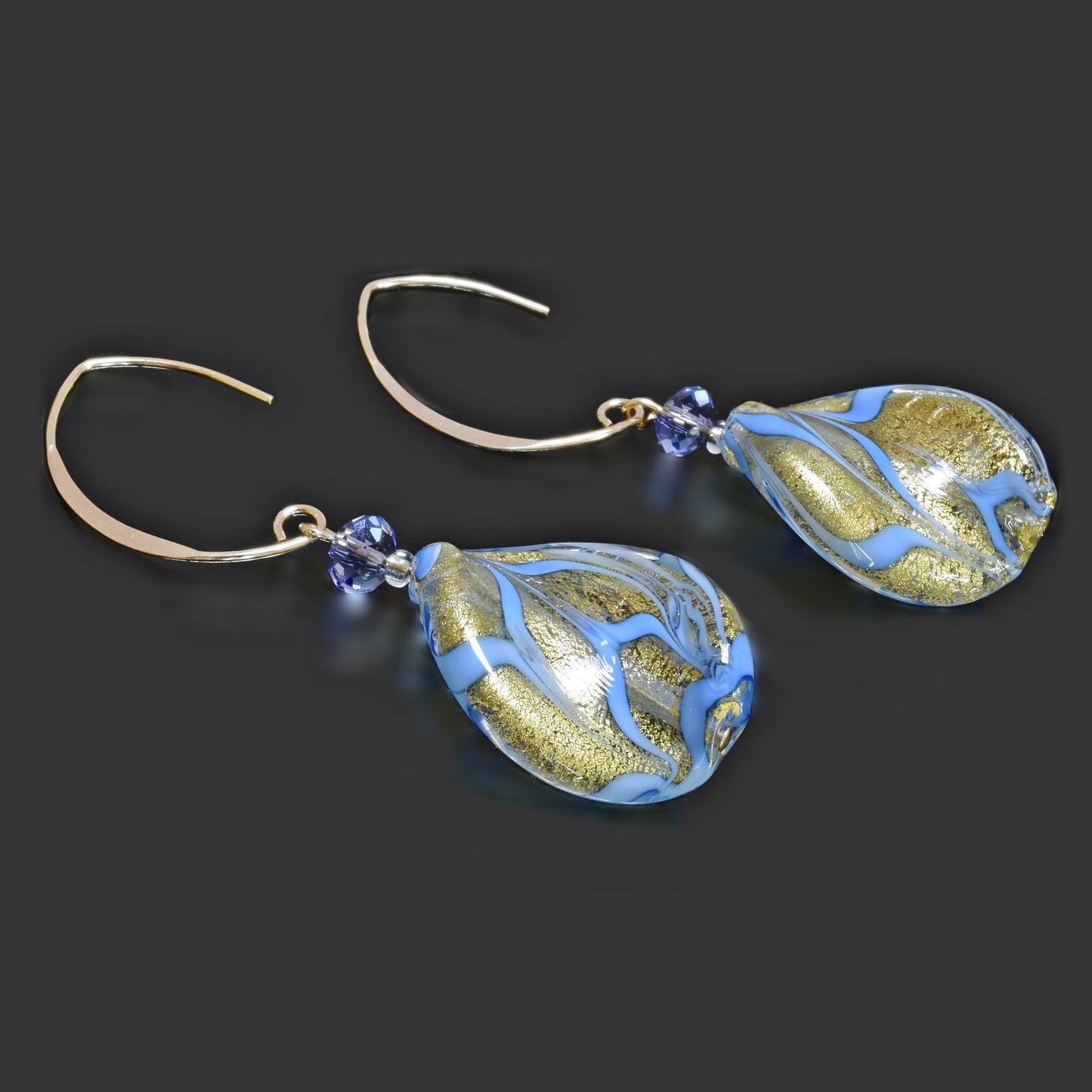 Gold-Filled Drop Earrings with Blue & Gold Venetian Beads and Swarovski Crystals Gold Filled 