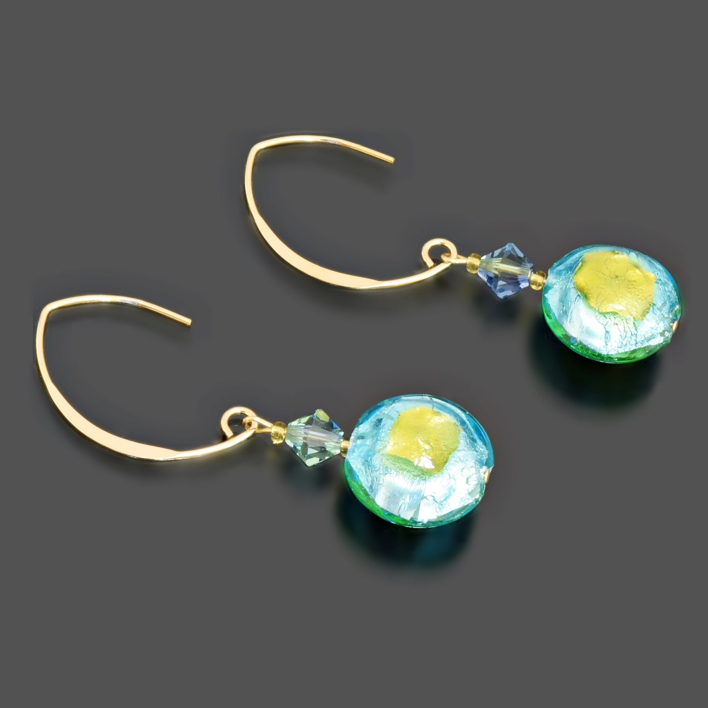 Gold-Filled Blue and Green Murano Glass Bead Earrings with Swarovski Crystals Gold Filled 