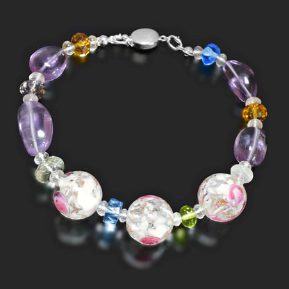 White & Pink Floral Murano Glass Bracelet with Amethyst, Rose Quartz & Swarovski Sterling Silver 6"