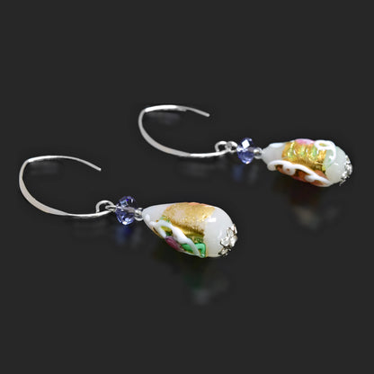 Sterling Silver Floral Teardrop Murano Glass Earrings with Swarovski Crystals Sterling Silver 