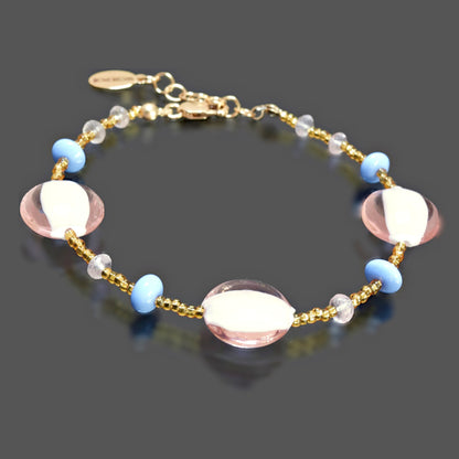 Pink Murano Glass Bracelet with Rose Quartz and Gold-Filled Clasp Gold-Filled 6"