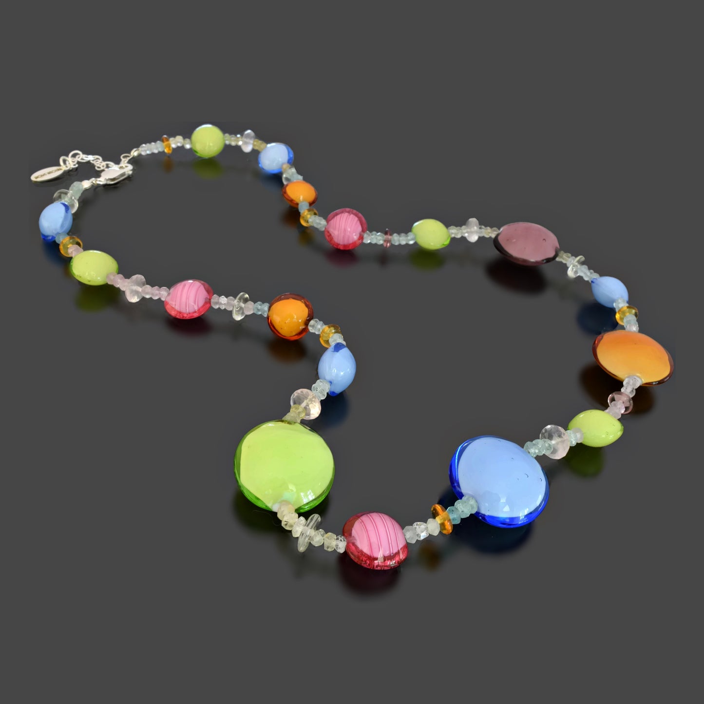 Multi-Color Coin Bead Necklace with Graduating Sapphire Sterling Silver Sapphire