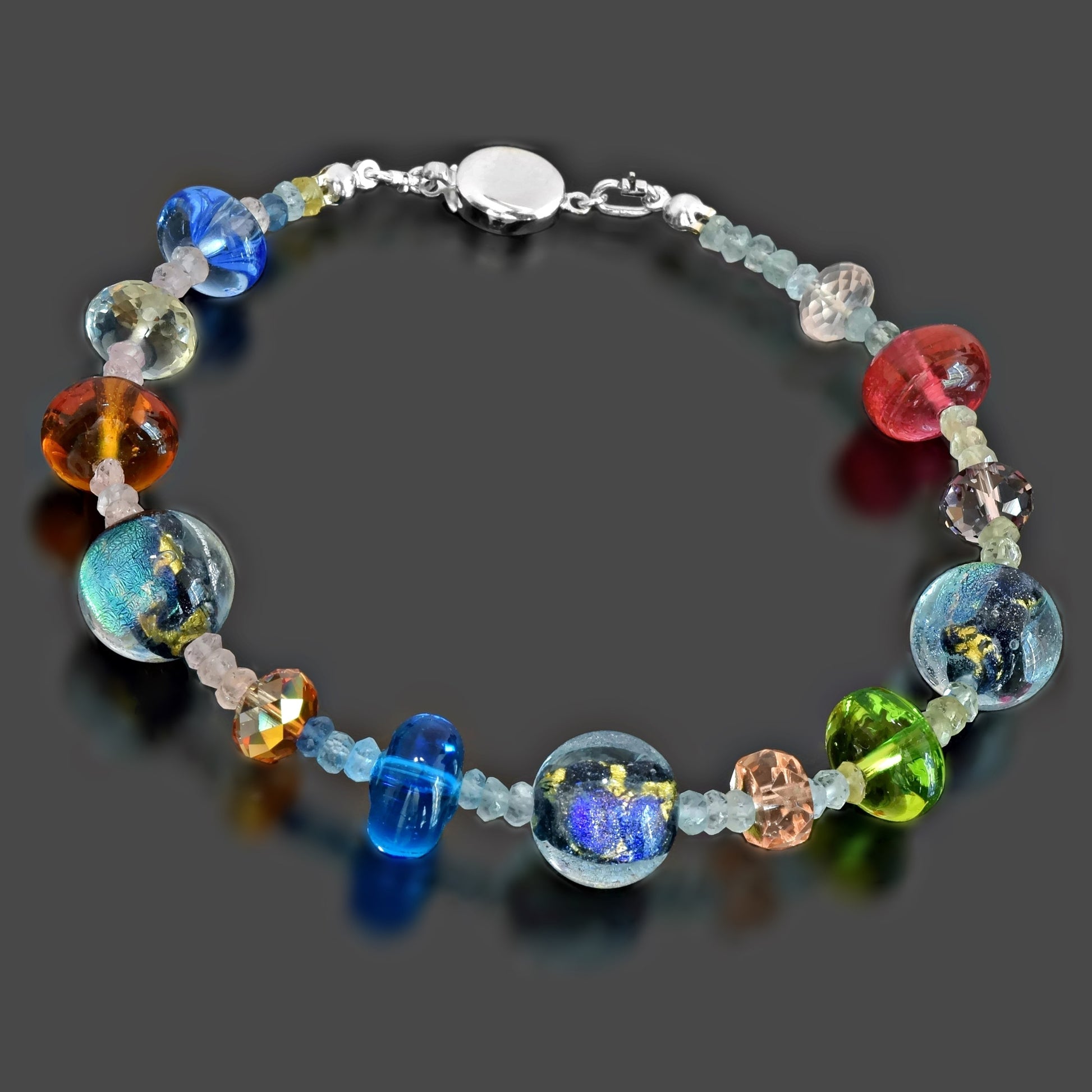 Multi-Color Murano Bead Bracelet With Graduating Color Sapphire Beads 6" 