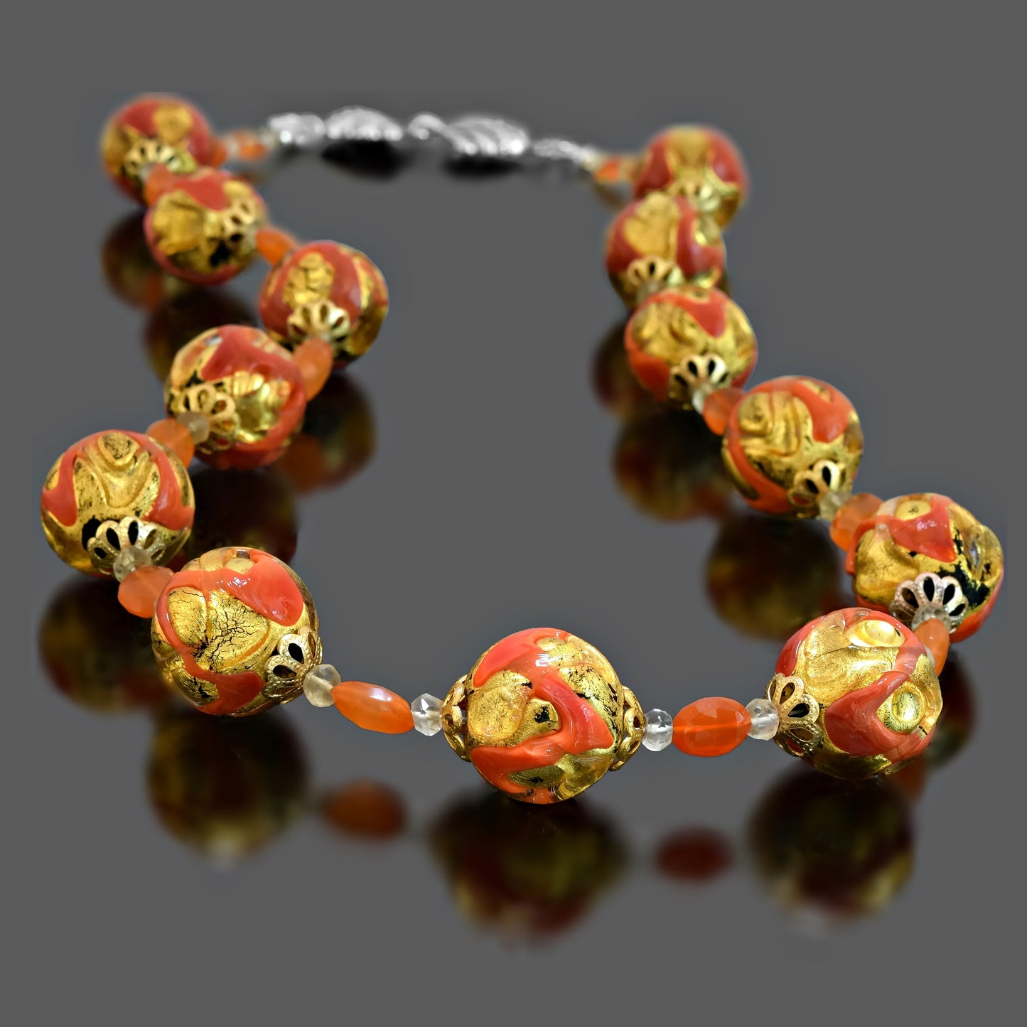 Orange and Gold Murano Glass Necklace with Carnelian and Citrine  