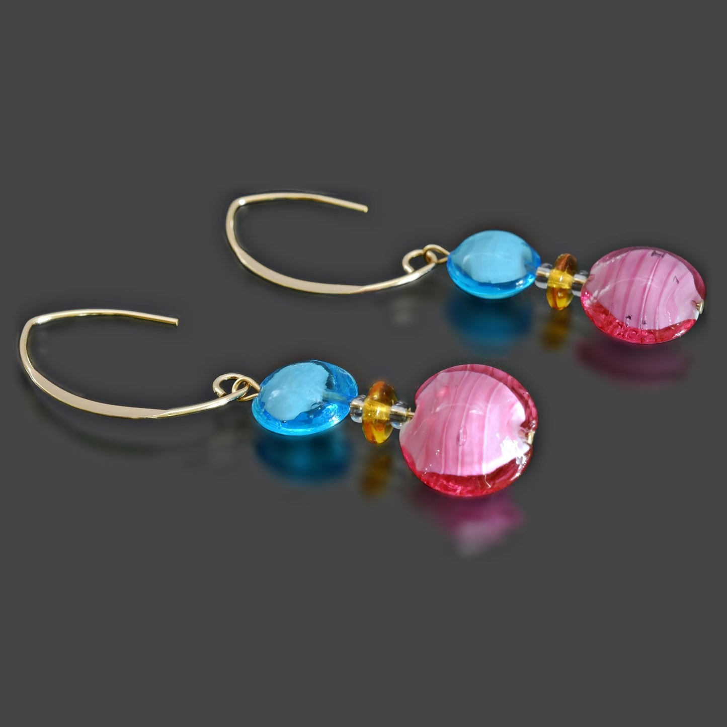 Blue & Pink Murano Glass Earrings on Gold-Filled Earwire Gold Filled 