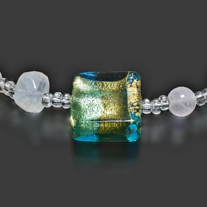 Blue and Green Venetian Bead Bracelet with Rose Quartz and Moonstone  