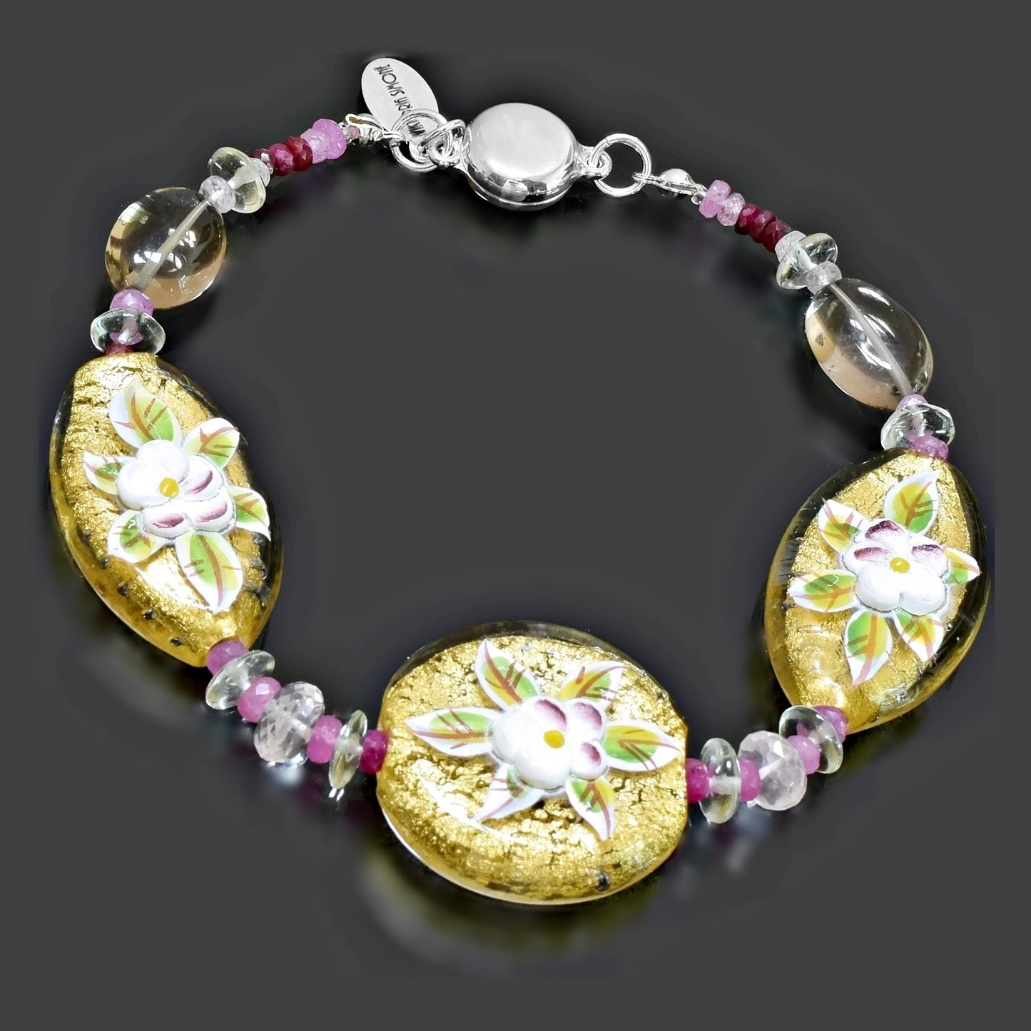 Gold Floral Beaded Bracelet with Green Amethyst, Tourmaline & Canary Quartz 6" Clasp