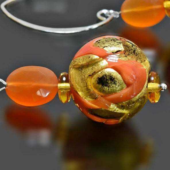 Orange and Gold Italian Murano Bead Earrings with Carnelian  