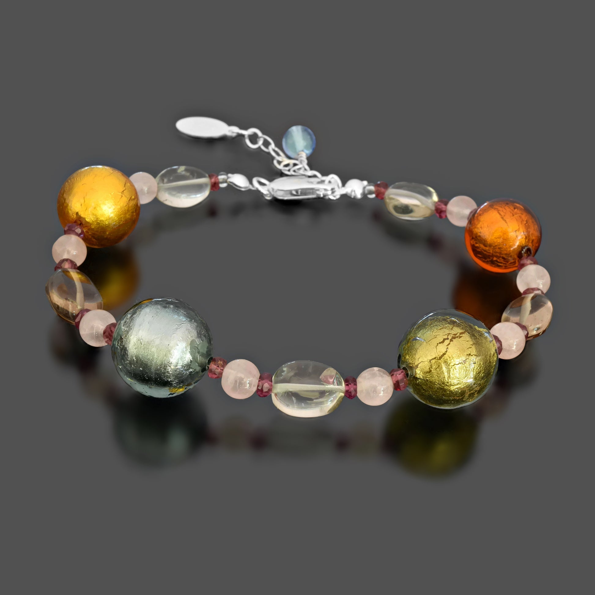 Multi-Color Round Murano Bead Bracelet with Garnet, Rose and Champagne Quartz Sterling Silver 6"