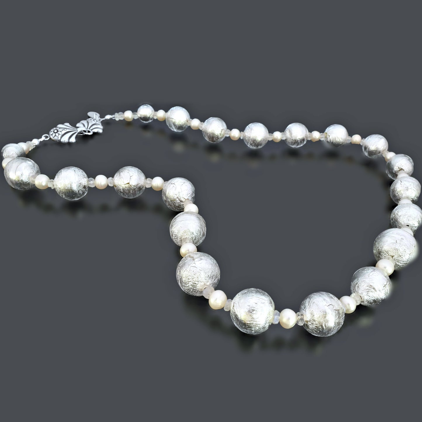 Silver Beaded Murano Glass Necklace with Moonstone and White Freshwater Pearl Sterling Silver 