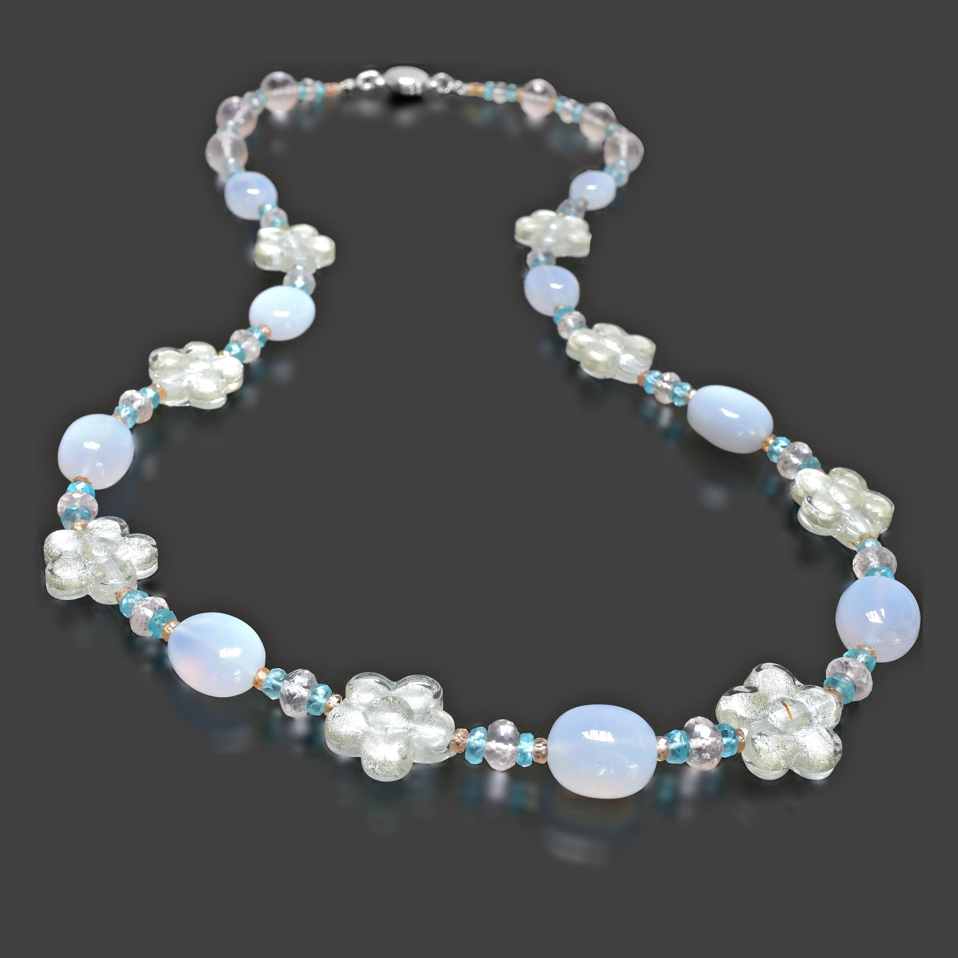 Floral Aqua Calcedony Murano Glass Necklace with Rose Quartz, Citrine & Apatite Sterling Silver 