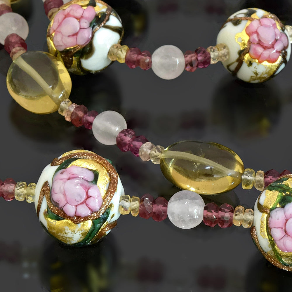 Gold & Pink Floral Murano Bead Necklace with Rose & Champagne Quartz  