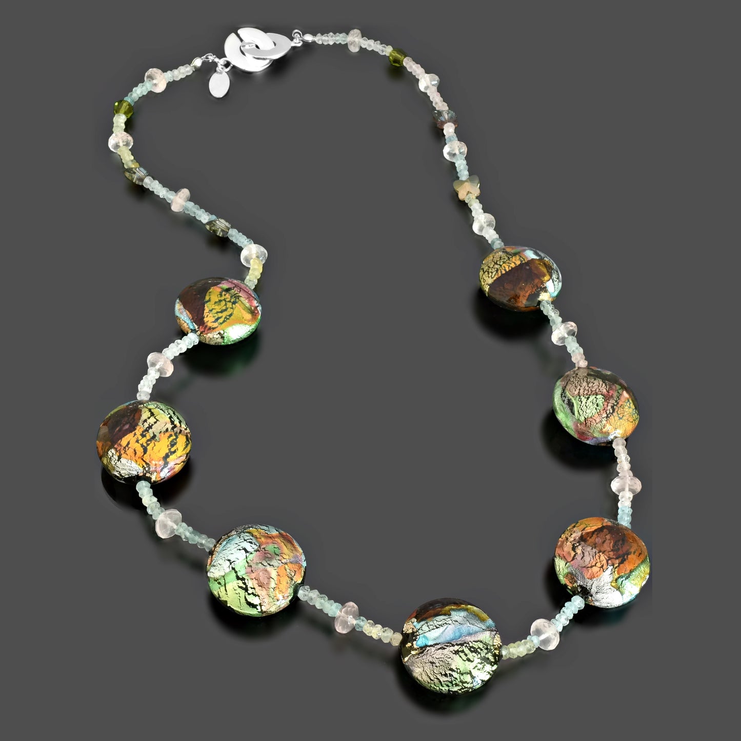 Large Green Coin Murano Glass Statement Necklace with Tourmaline & Rose Quartz  