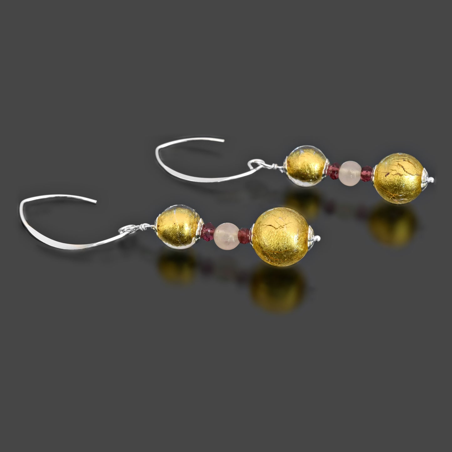 Round Gold Murano Glass Earrings with Rose Quartz and Garnet Sterling Silver 