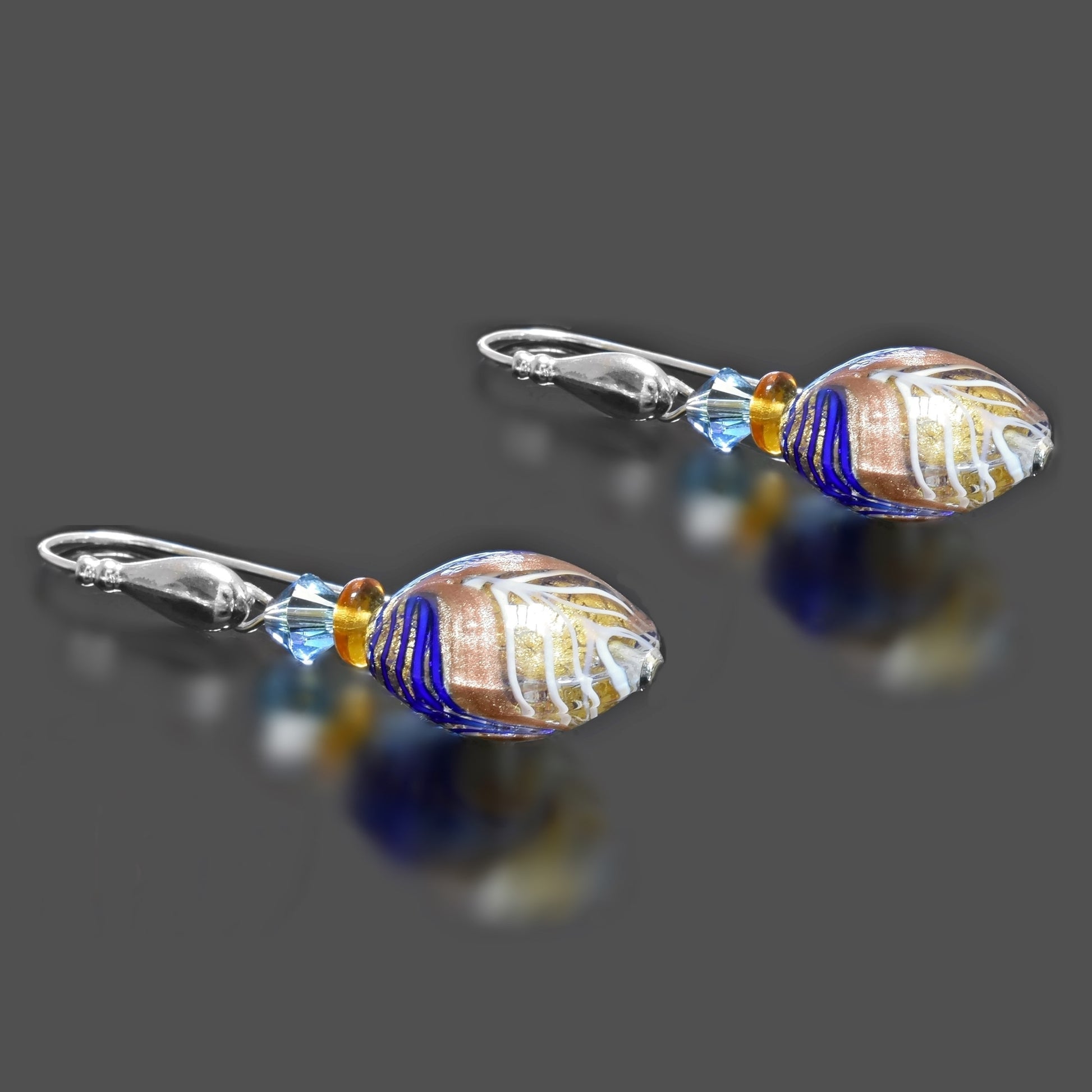 Sterling Silver Gold and Blue Coin Statement Earrings with Swarovski Crystals Sterling Silver 