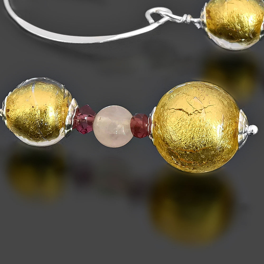 Round Gold Murano Glass Earrings with Rose Quartz and Garnet  