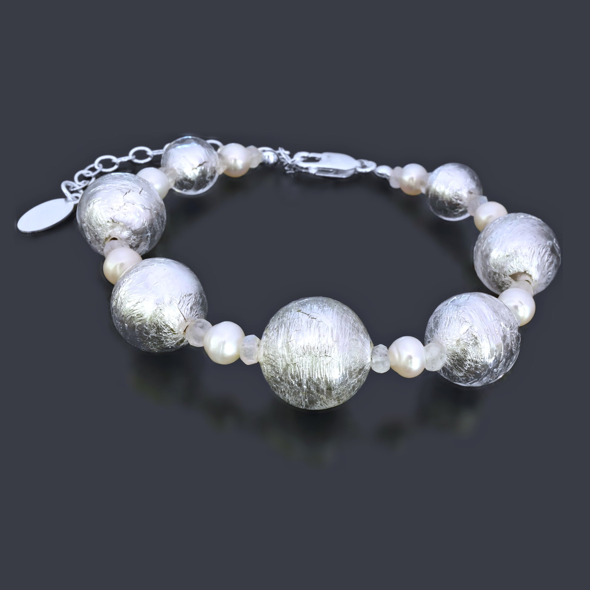 Silver Beaded Murano Glass Bracelet with Moonstone and White Freshwater Pearl Sterling Silver 6"