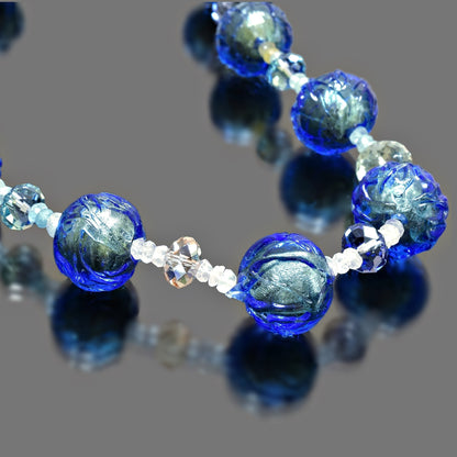 Blue Murano Glass Beaded Necklace with Multi-Color Sapphire, Amethyst,  Citrine  