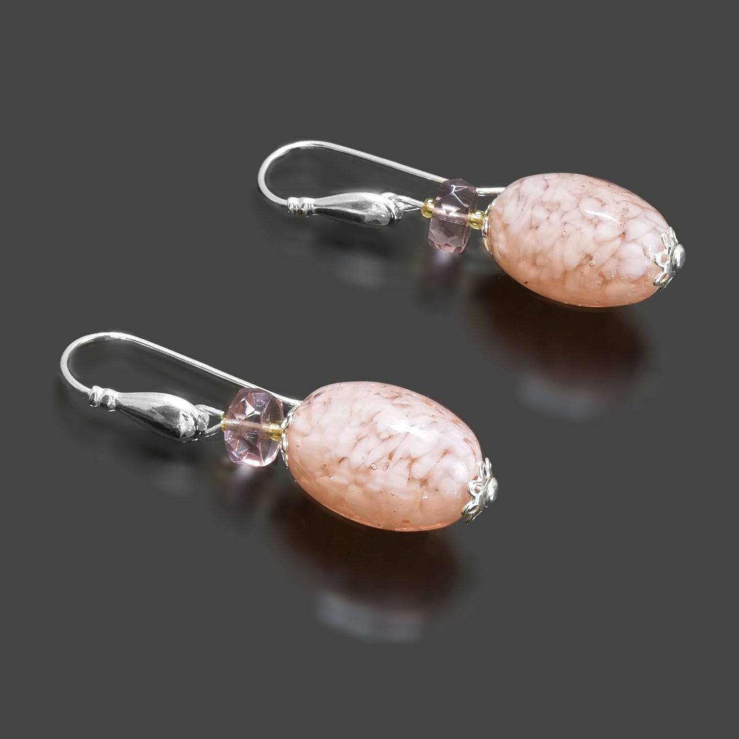 Pink Beaded Murano Glass Earrings with Swarovski Crystal Sterling Silver 