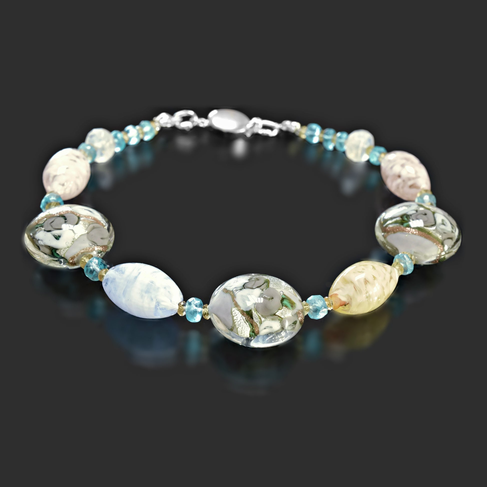 Grey and Gold Murano Glass Bracelet with Citrine and Apatite Sterling Silver 6"