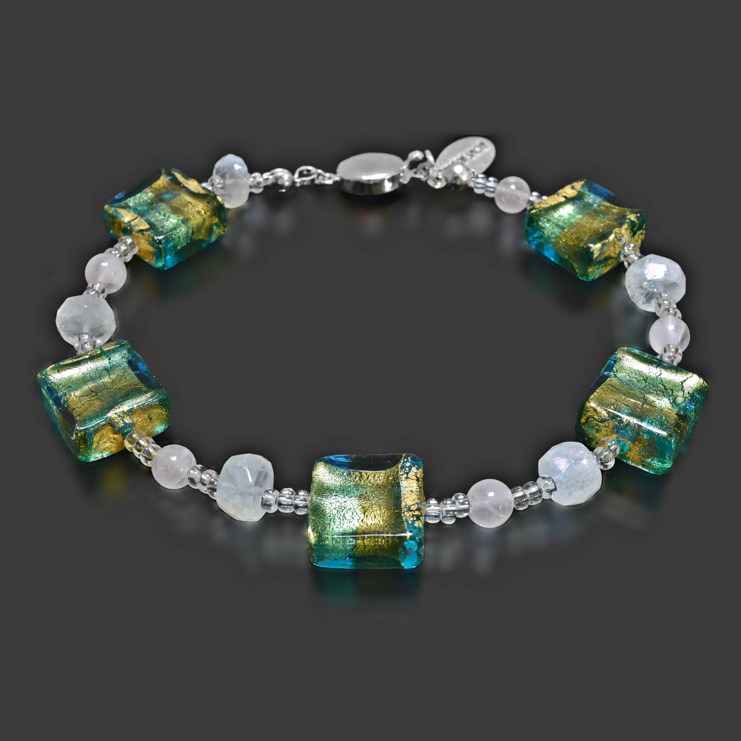 Blue and Green Venetian Bead Bracelet with Rose Quartz and Moonstone Gold-Filled White