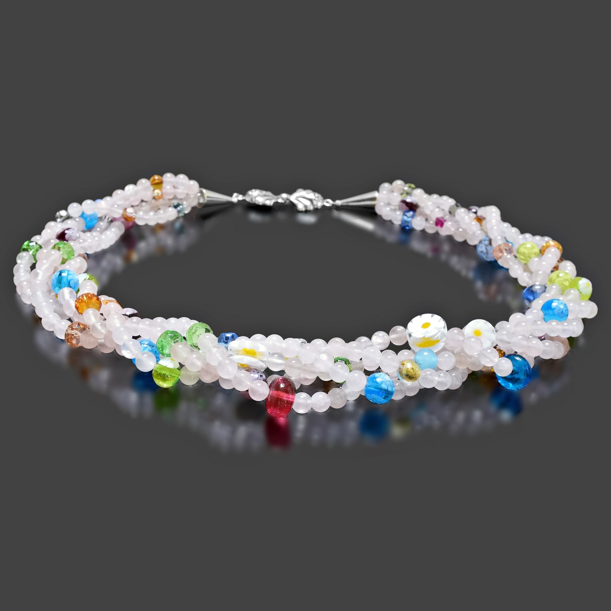 Multi-Strand Beaded Rose Quartz Necklace with Murano Beads & Swarovski Crystals  