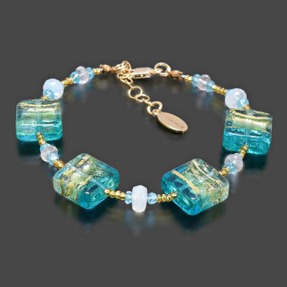 Green & Blue Murano Glass Bracelet with Apatite and Moonstone Gold-Filled 
