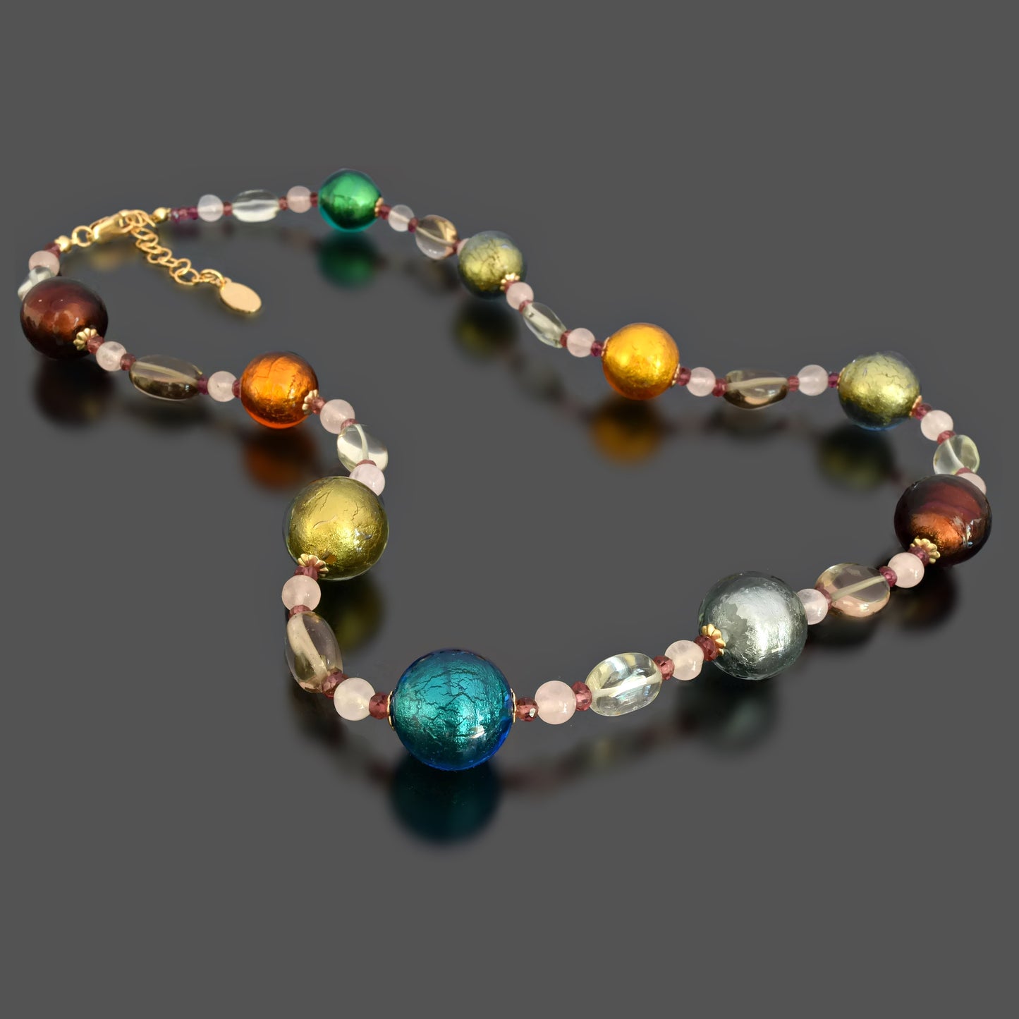 Multi-Color Round Murano Bead Necklace with Garnet, Rose and Champagne Quartz Gold-Filled 