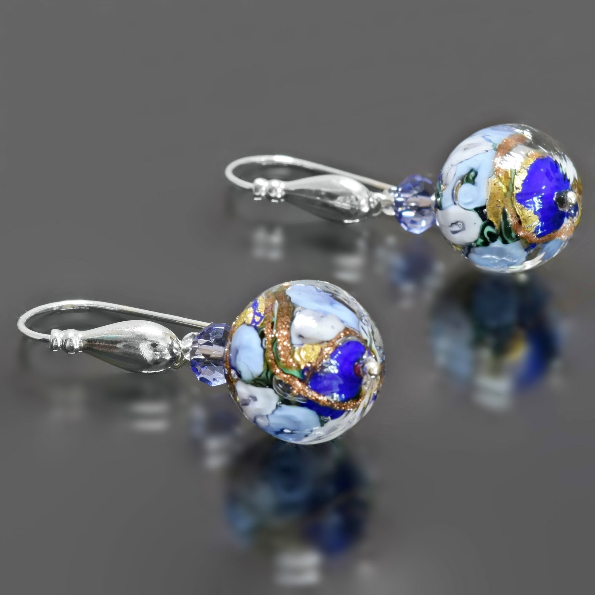 Blue and White Floral Bead Earrings with Swarovski Crystals  
