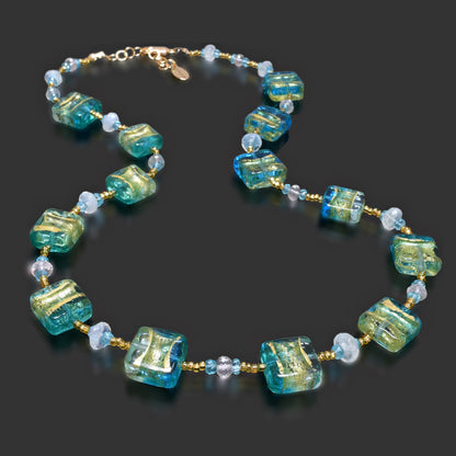 Green & Blue Murano Glass Necklace with Apatite, Rose Quartz and Moonstone Gold-Filled 