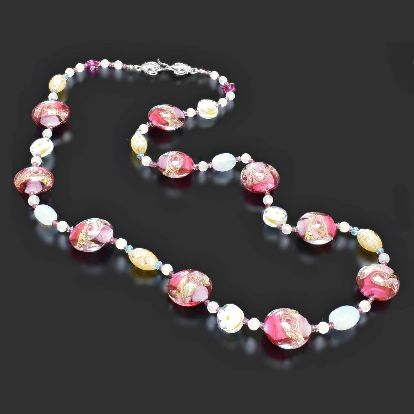 Pink Coin Murano Glass Bead Necklace with Blue Chalcedony, Rose Quartz & Garnet  