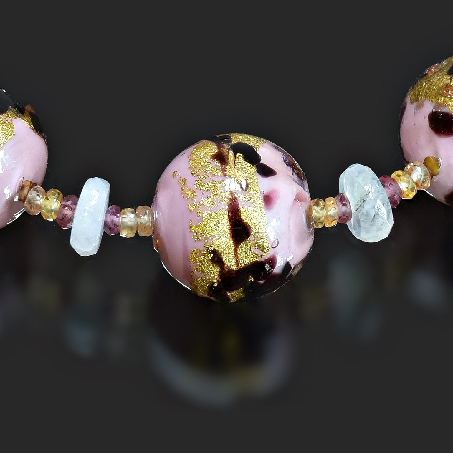 Leopard Pink Round Murano Bead Bracelet with Moonstone, Citrine & Garnet  