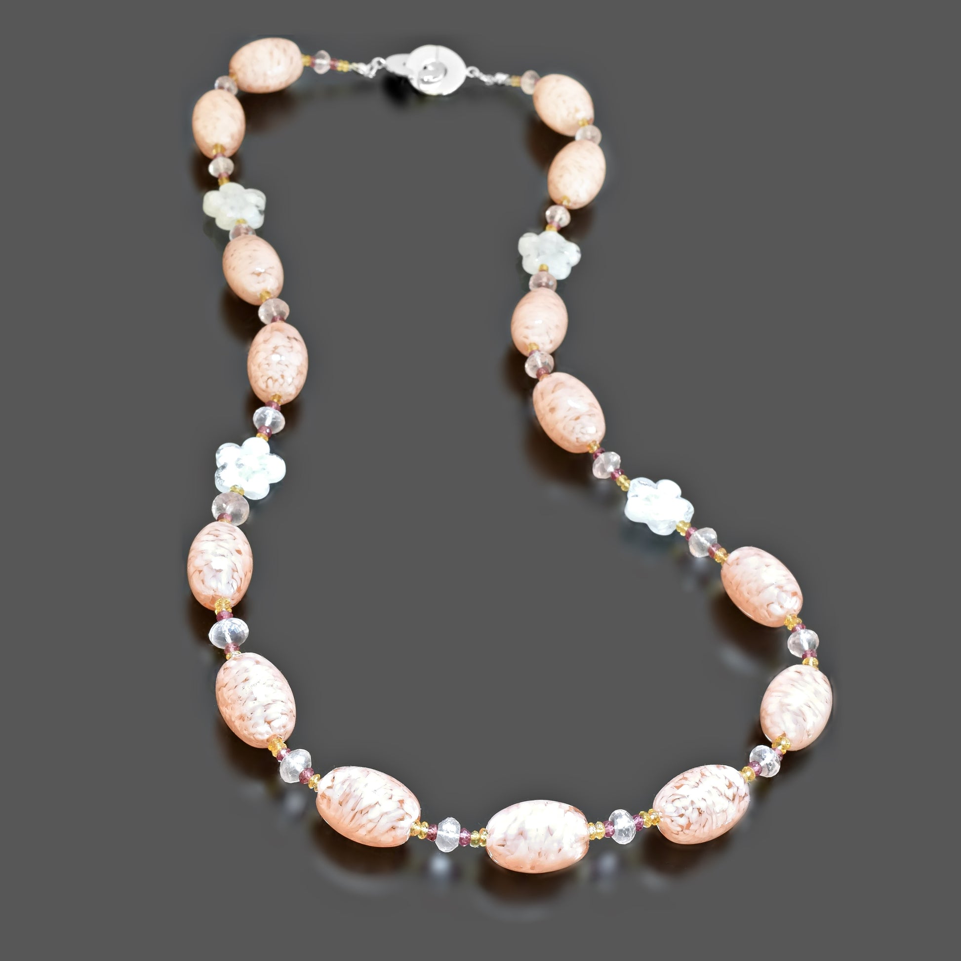 Pink Beaded Murano Glass Necklace with Flowers, Citrine, Garnet, Rose Quartz Sterling Silver 