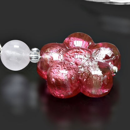 Sterling Silver Dangle Red Flower Murano Glass Earrings with Rose Quartz  
