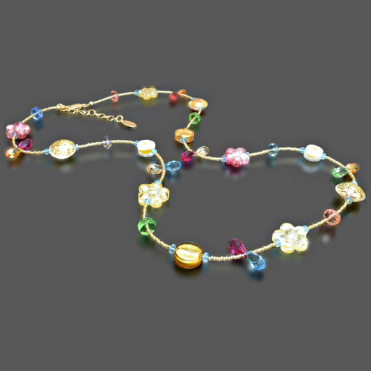 Italian Murano Glass Floral Necklace with Apatite and European Crystals Gold-Filled 