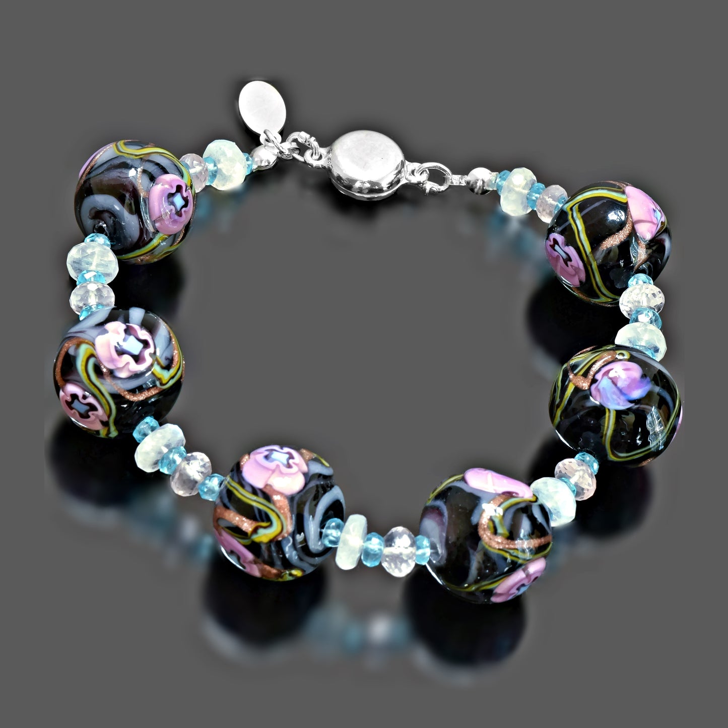 Black and Pink Floral Murano Glass Bracelet with Rose Quartz, and Apatite Sterling Silver 6"