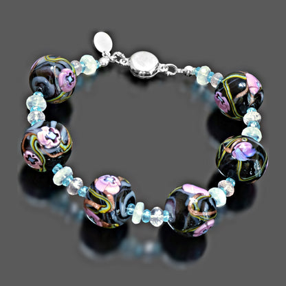 Black and Pink Floral Murano Glass Bracelet with Rose Quartz, and Apatite Sterling Silver 6"