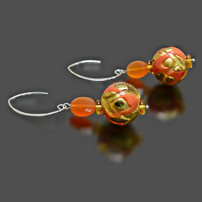 Orange and Gold Italian Murano Bead Earrings with Carnelian  
