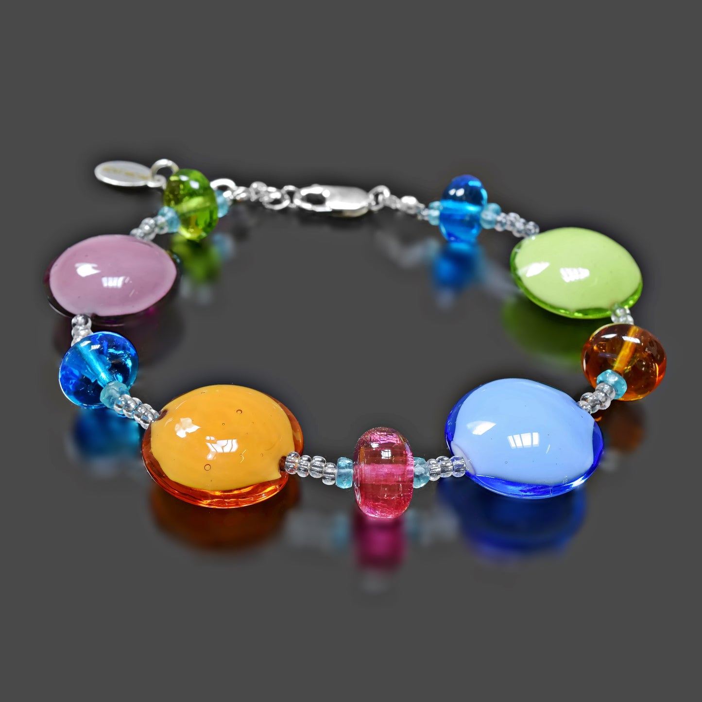 Multi-Color  Murano Glass Bracelet with Apatite Sterling Silver 6"