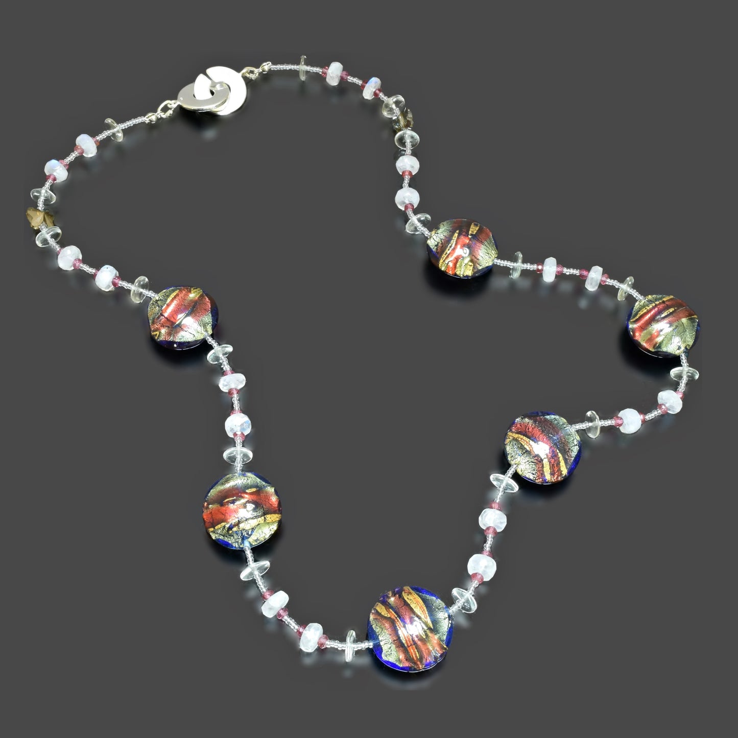 Contemporary Coin Murano Bead Necklace with Moonstone, Garnet & Green Amethyst Sterling Silver 