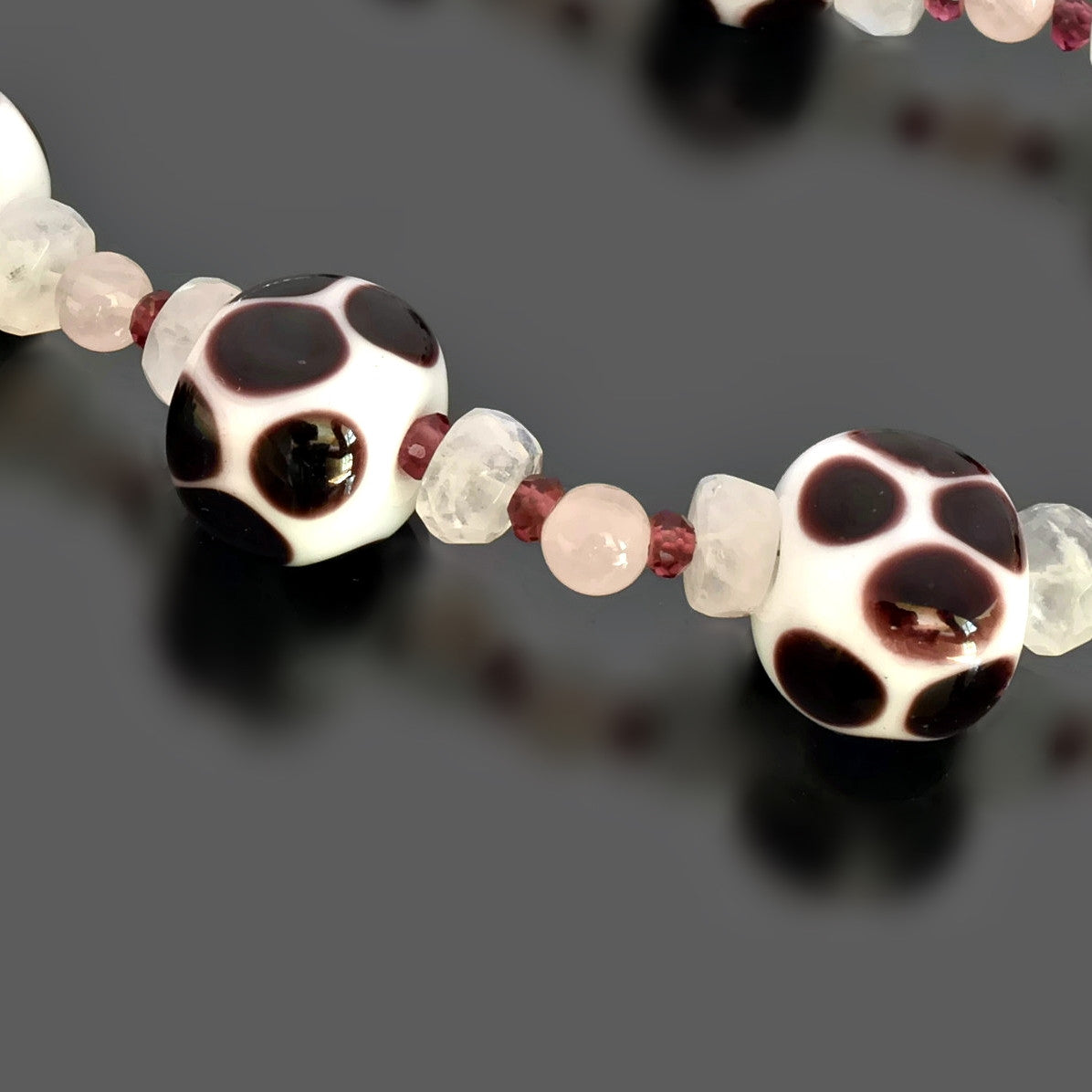 Leopard Dot Murano Glass Necklace with Rose Quartz, Moonstone & Garnet  