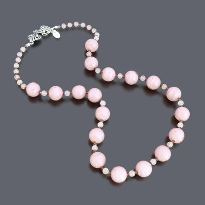 Pink Round Murano Beaded Necklace with Garnet and Rose Quartz Sterling Silver 