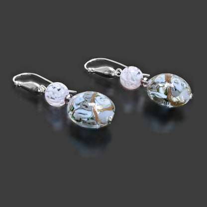 Sterling Silver Grey Murano Glass Dangle Earrings with Swarovski Crystals Sterling Silver 